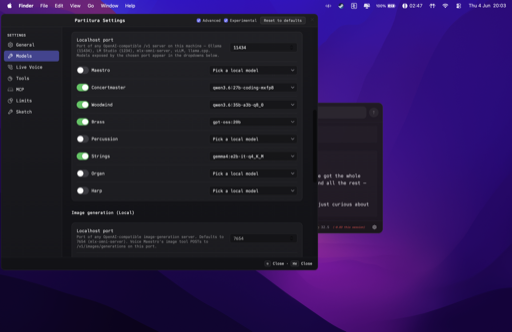 Partitura Settings — local model selection per section (Ollama, LM Studio)